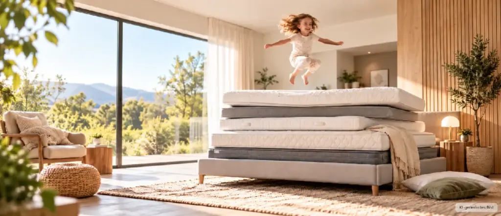 Matratzen und Topper mit fröhlichen Kind springt auf einem Stapel verschiedener Matratzen in einem hellen Schlafzimmer